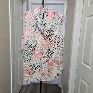 DKNY Sleeveless Printed Blouse Pink Mint Black Drape Neck Lightweight Top